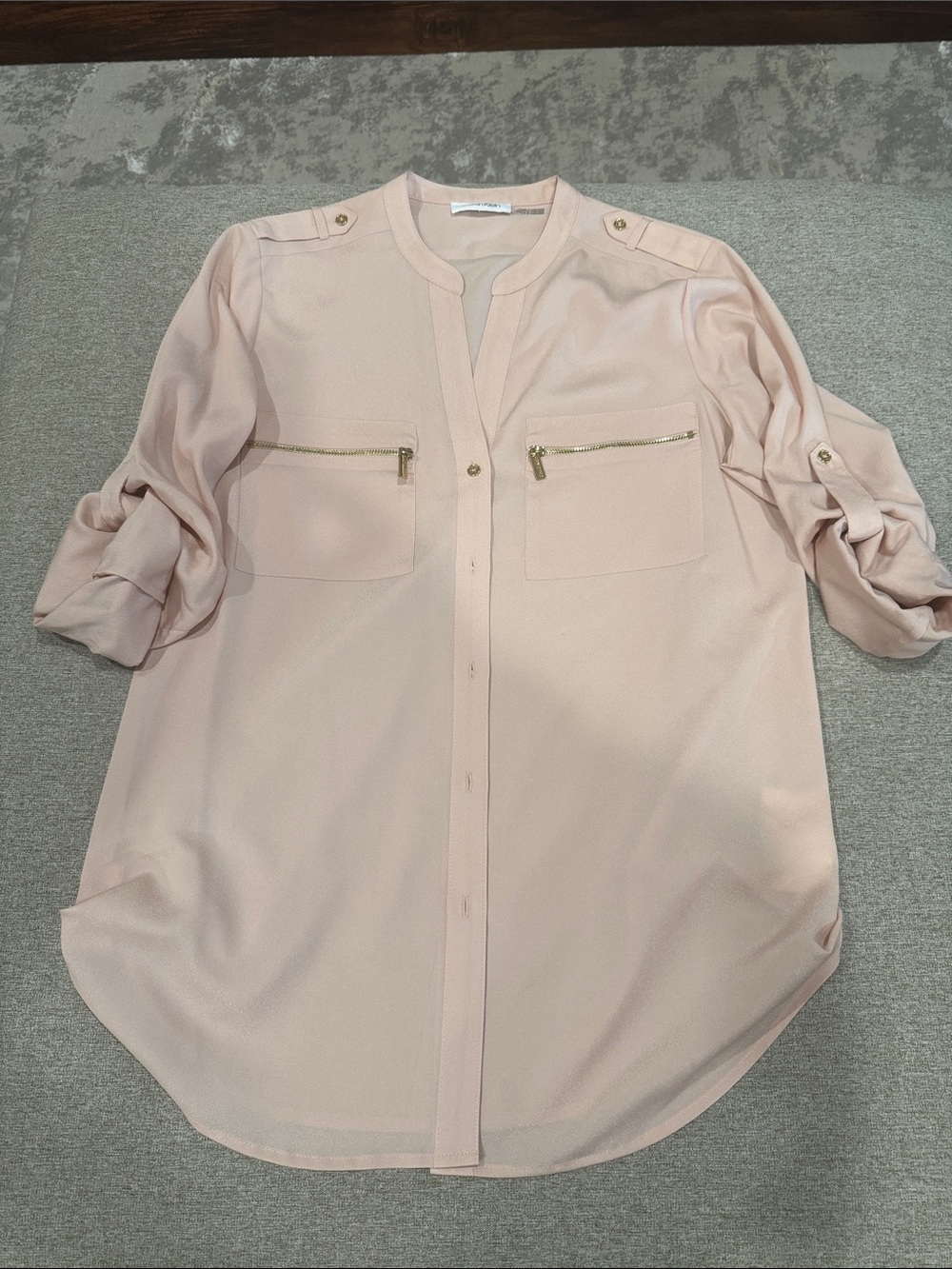 Calvin Klein Blush Pink Button-Down Shirt with Gold Zipper Pockets